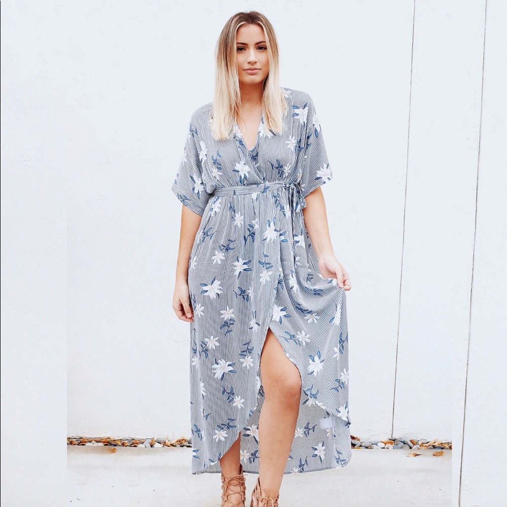 Grey Striped Wrap Dress